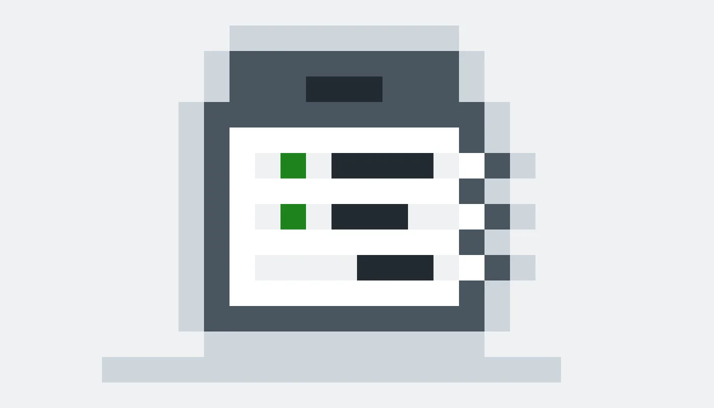 Pixel drawing of a clipboard checklist with two items ticked and one not