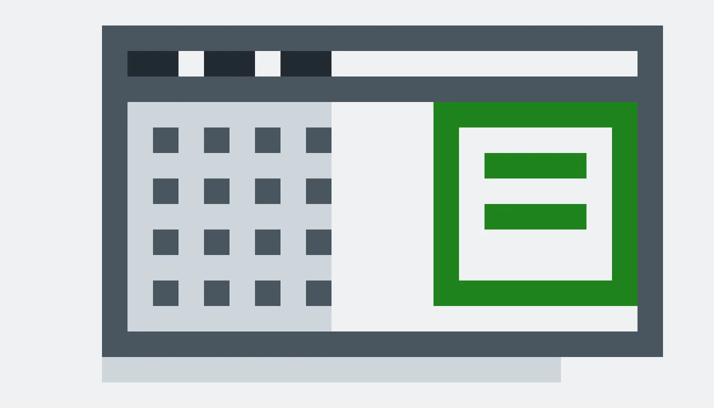 Pixel drawing of a browser window, cluttered grid on one side, clean page on the other